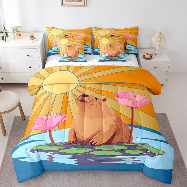 YST Capybara Comforter Set King Bed in a Bag 7Pcs, Colorful Gifts for Capybara Lovers, Polyester Bedding Set