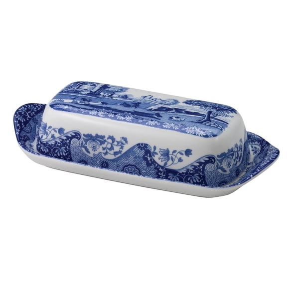 Portmeirion Bleu Collection Italienne Coupelle à Beurre / en Porcelaine / Coupelle à Beurre avec Couvercle / Couvercle pour Cuisine / 8 Pouces / Va au Lave-Vaisselle / Bleu/blanc
