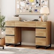 WAMPAT 59 inch Executive Desk, Modern Wood Computer Desk, Writing Desk with Drawers, Charging Station, File Cabinet Storage, Home Office Workstation, Study Table for Bedroom, Living Room, Oak