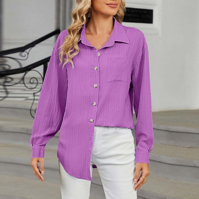 RXIRUCGD Hauts à Col à Revers à Manches Longues Unis pour Femmes, Violet, Taille : 2TG