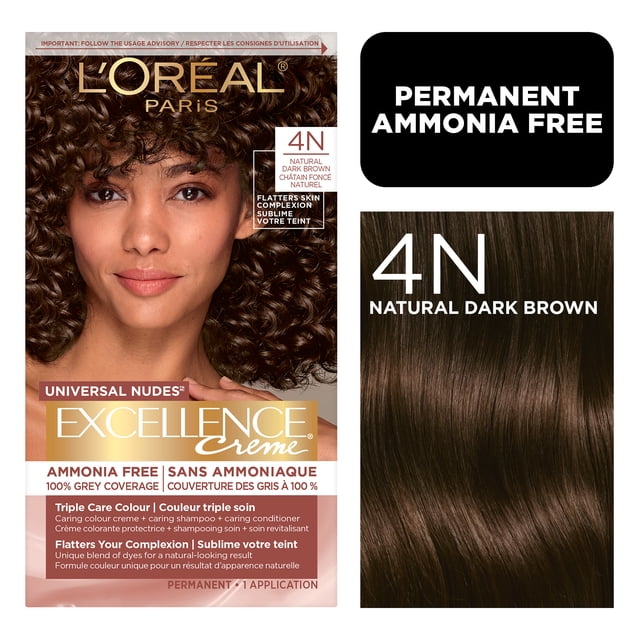 Oréal Paris Excellence Crème L' Universal Nudes Teinture Capillaire Permanente Sans Ammoniaque en Brun Foncé Naturel 4N, Présentant une Couleur de Cheveux Brun Foncé Naturelle Riche avec une Finition Brillante, une Formule Sans Ammoniaque Offrant une Couverture des Cheveux Gris à 100 %, et une routine de triple Soin Comprenant une Crème de Couleur Protectrice, un Shampoing Doux et un Revitalisant Nourrissant pour des Cheveux Sains et Forts.