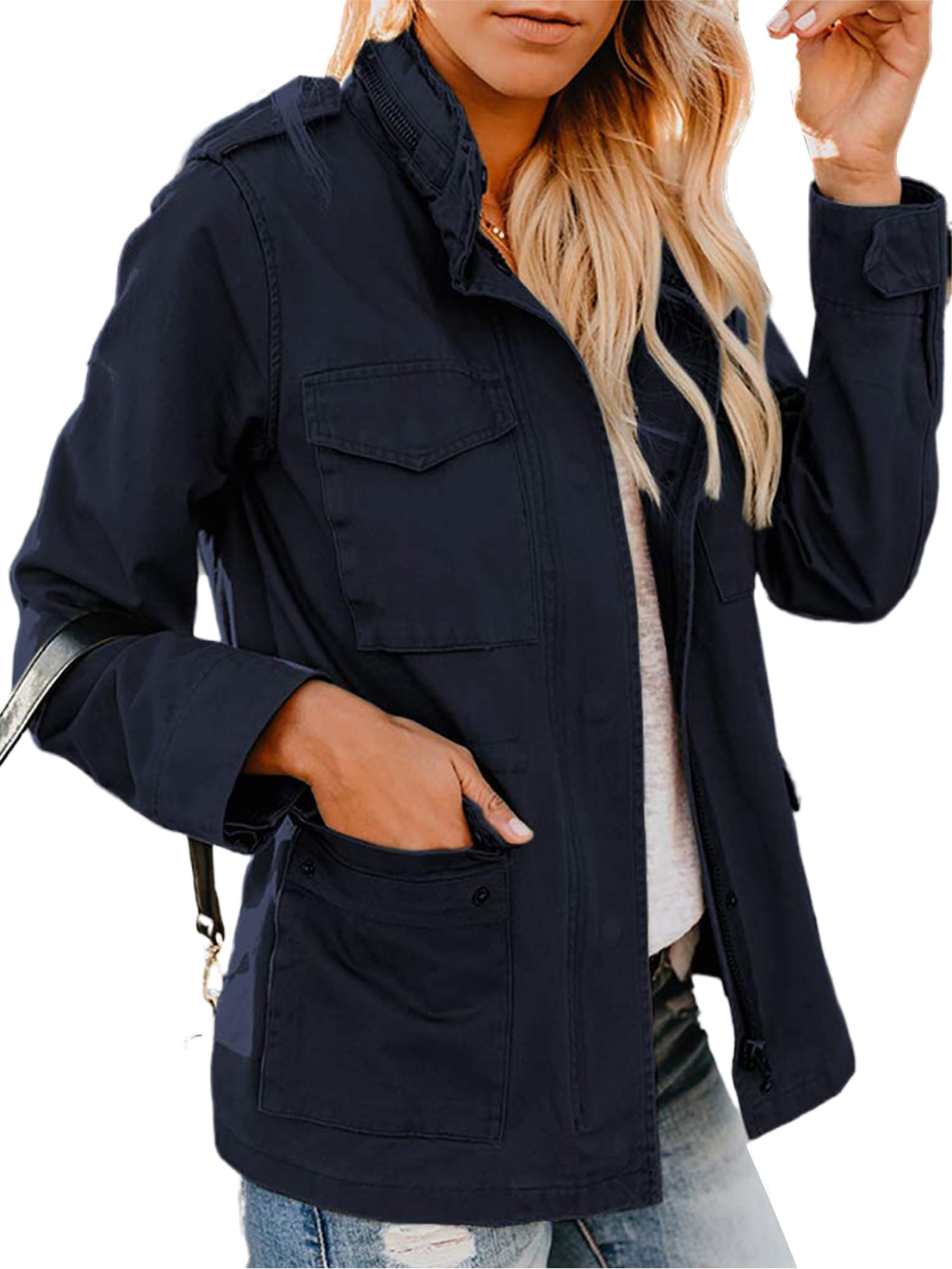 MAWCLOS Women Coat Long Sleeve Outwear Solid Color Military Jacket Plain Fall Lapel Utility Jackets Dark Blue M