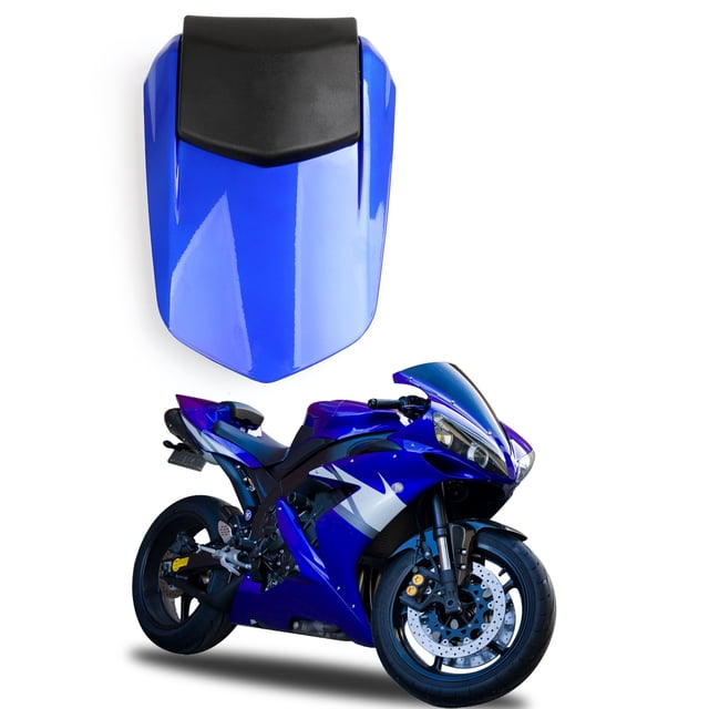 Rear Seat Cover Cowl for Yamaha YZF R1 2004-2006 in blue, designed as a motorcycle fairing and body frame accessory. Made of high-quality ABS plastic with an OEM bracket for easy installation. The image shows the cowl in a glossy blue finish alongside a Yamaha YZF R1 motorcycle for reference.