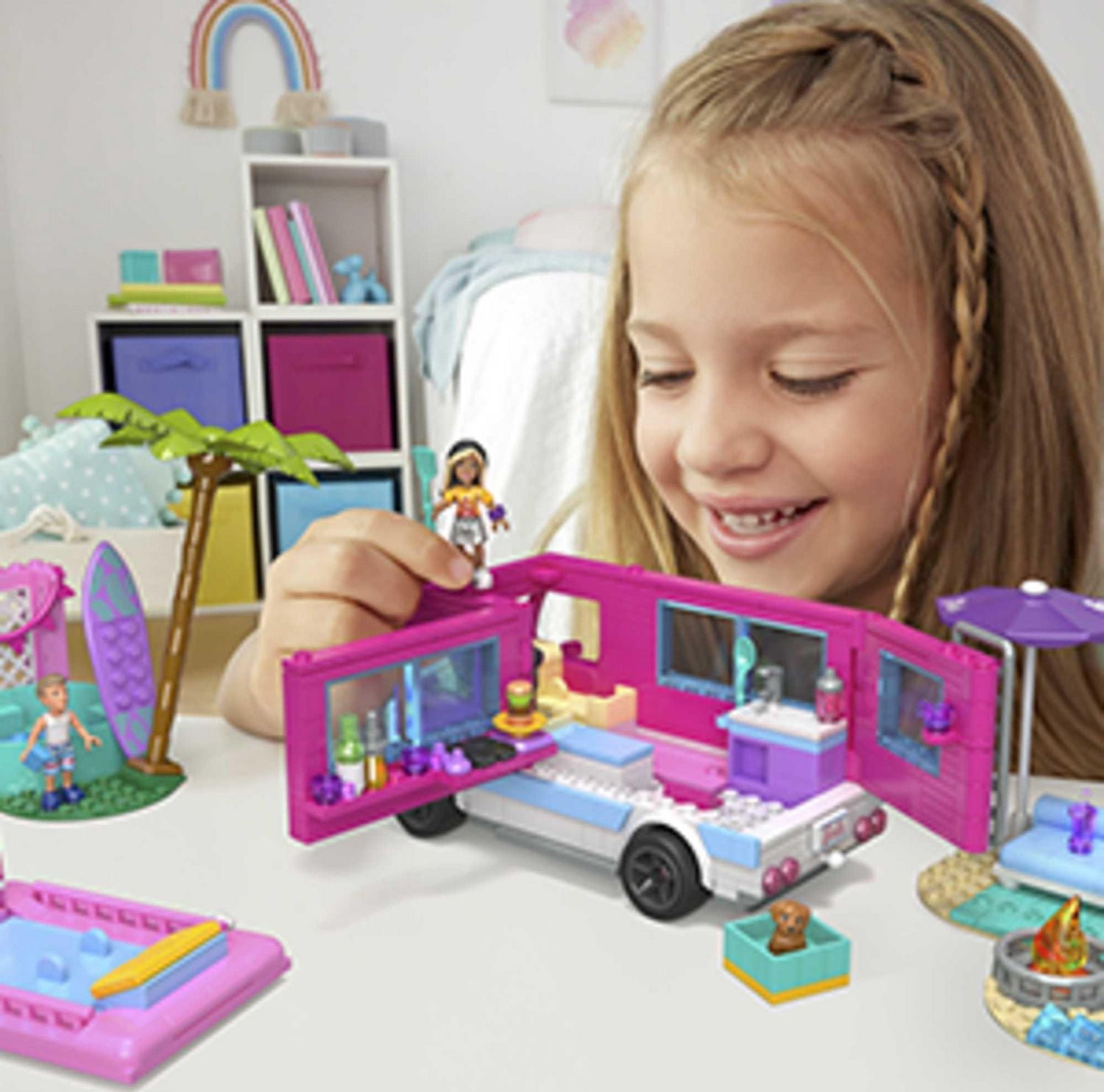 MEGA Barbie Dream Camper Adventure Building Kit Playset with 4 Micro-Dolls (580 Pieces)