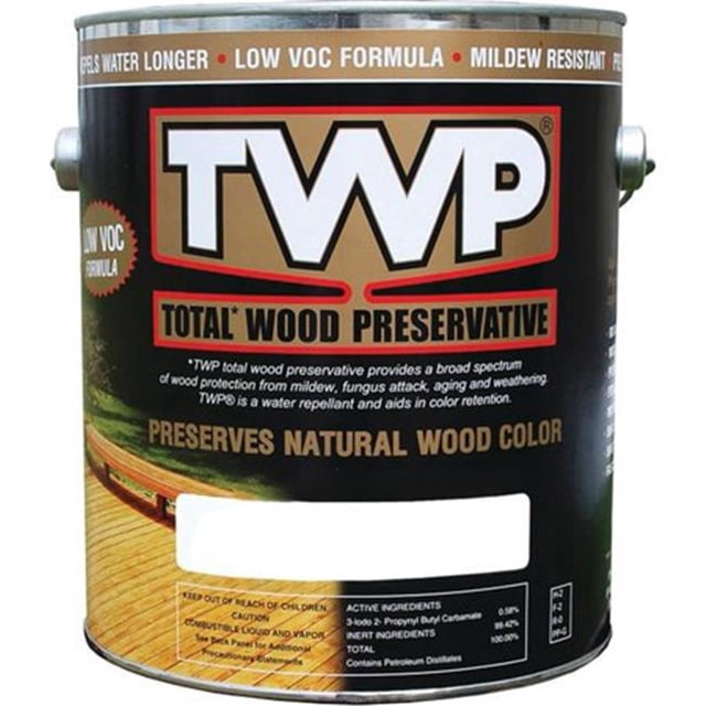 Amteco Division of Gemini Industries 149846 1 gal Pecan Exterior Low VOC Stain in a metal container with TWP branding. Suitable for rough sawn cedar, wood siding, shutters, fences, porch decking, wood shingles, shakes, and fascia. Features a pecan finish, low VOC formula, and is ideal as a deck stain for natural wood preservation.