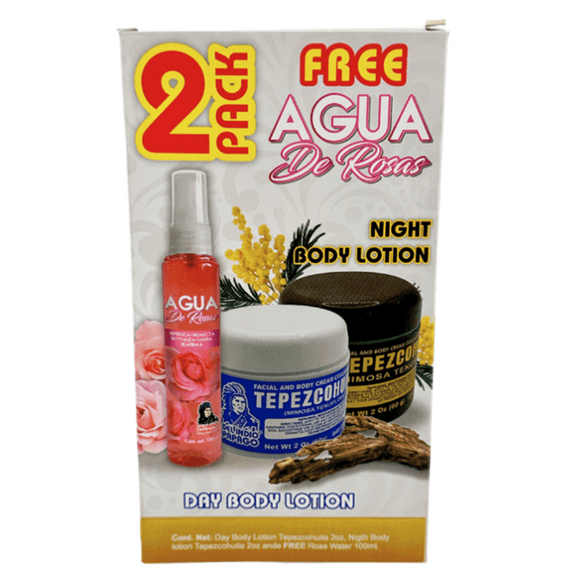 Del Indio Papago Limited Edition Tepezcohuite Day & Night Facial Creams bundle, featuring two 2oz jars of day and night creams and a complimentary rose water spray. The packaging highlights the benefits of Tepezcohuite and rose water for a complete skincare routine.