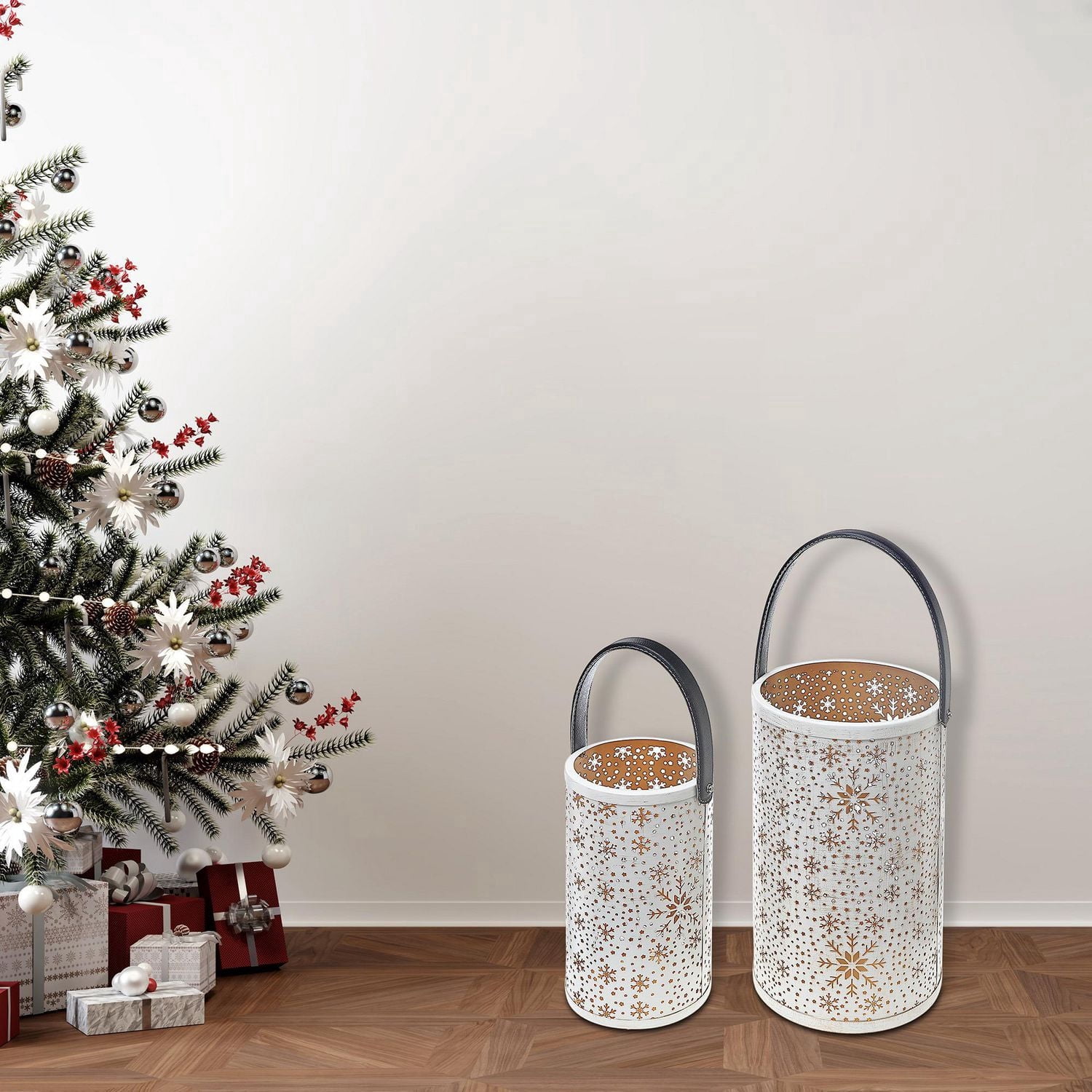 Ensemble De Lanterne Découpé En Métal De Noël De 2 Flocon De Neige