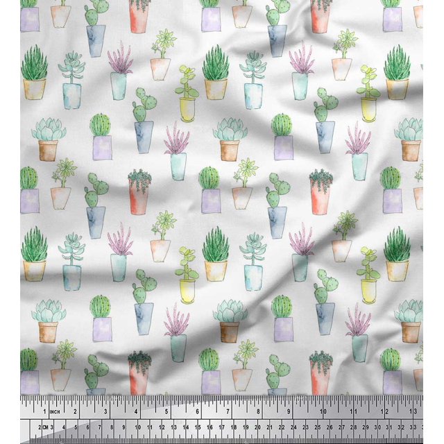 Soimoi White Rayon Fabric Cactus Leaves Fabric Prints By Yard 42 Inch Wide