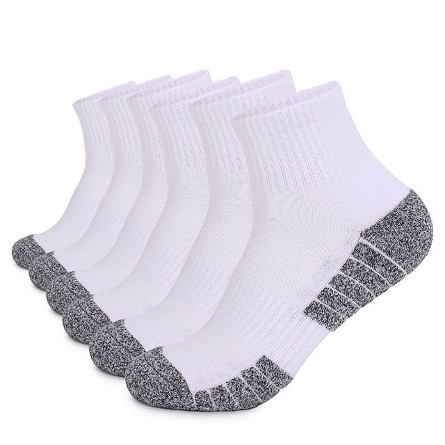 Besolor 6 Pairs Women Men Ankle Sport Socks, featuring a white body with grey reinforced heels and toes. Made from high-quality, breathable, and wear-resistant fabric, these athletic socks are designed for comfort and durability. Suitable for various activities such as running, hiking, and casual wear. Displayed in a neatly arranged stack.