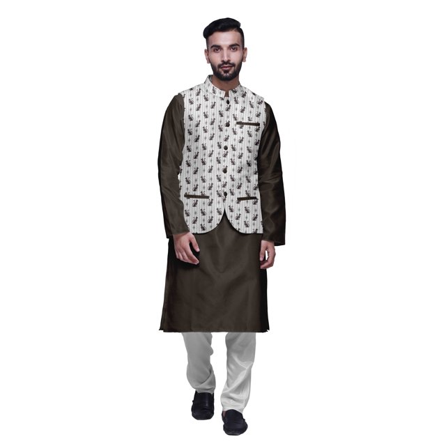 Atasi Ensemble de Pyjama Kurta Churidar Ethnique avec Veste Nehru Imprimée pour Hommes