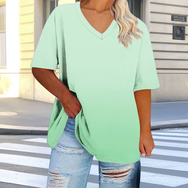 Ovbmpzd Womens Tops Plus Size Short Sleeve V-Neck Green Comfy Gradient Color Blouses Womens Camisole L