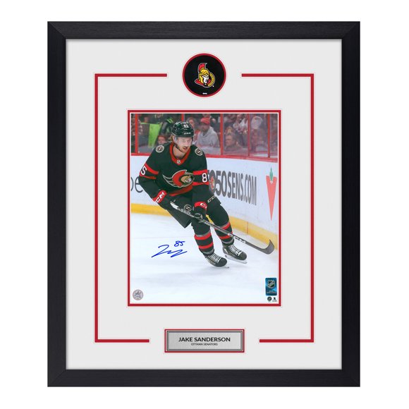 Jake Sanderson Signed Ottawa Senators Puck Logo 23x27 Frame