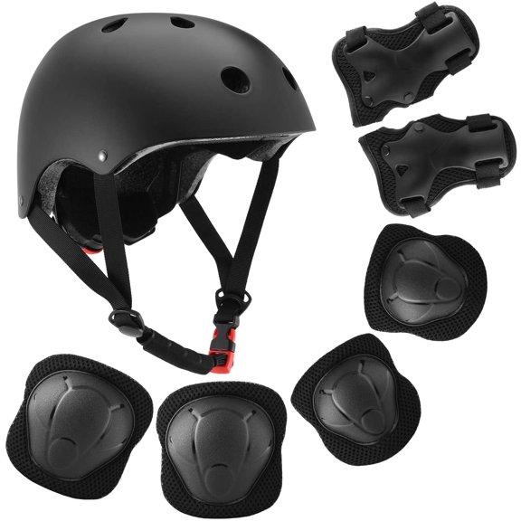 QiShi Kids Bike Helmet, Toddler Helmet for Ages 3-8 Boys Girls with Sports Protective Gear Set Knee Elbow Wrist Pads for Skateboard Cycling Scooter Rollerblading-Black