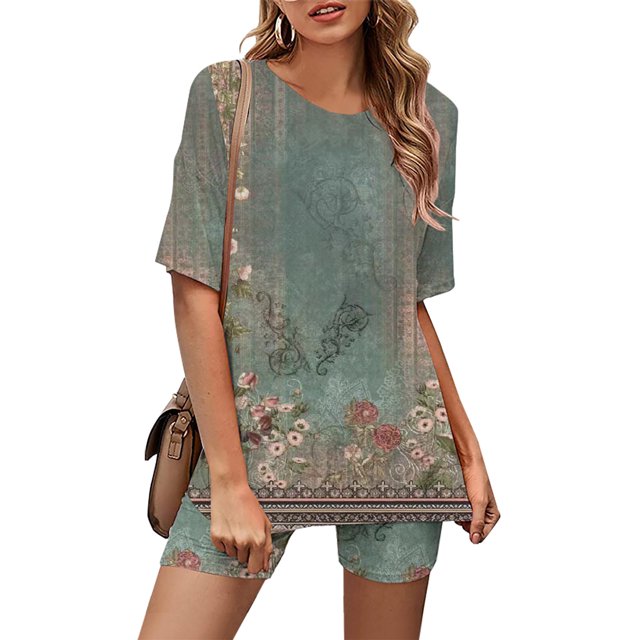 Ensembles 2 Pcs pour Femmes Été Mode Femme Blouse à Col Rond T-Shirts à Manches Courtes Shorts Ensemble Décontracté Ensembles pour Femmes en Liquidation