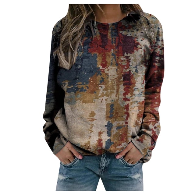 CEHVOM Chandails à Imprimé Décontractés pour Femmes, Col Ras du Cou Thermique, Manches Longues, T-Shirts Amples, Liquidation Com
