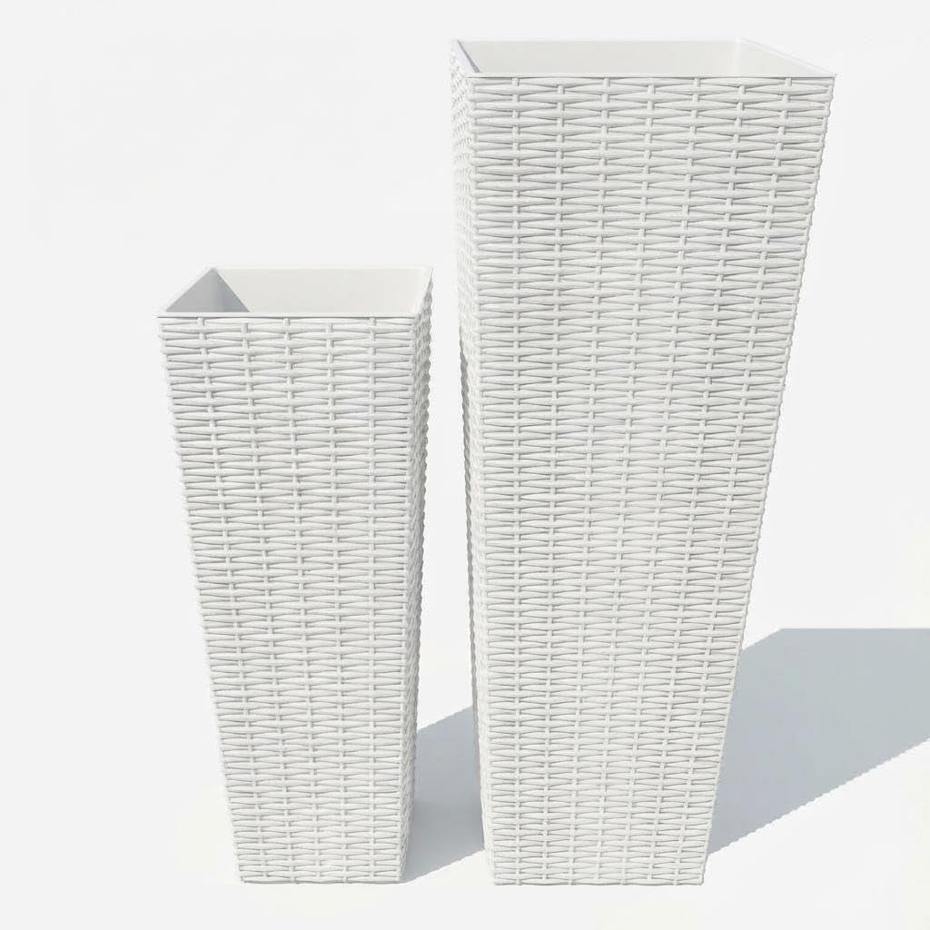 2 Pack Tall Planters, Large Flower Pots with Removable Liners, Plastic Planter with Drainage Holes, Indoor & Outdoor Plant Pots for Living Room, Patio, Backyard, Garden, White(24&32 Inch)