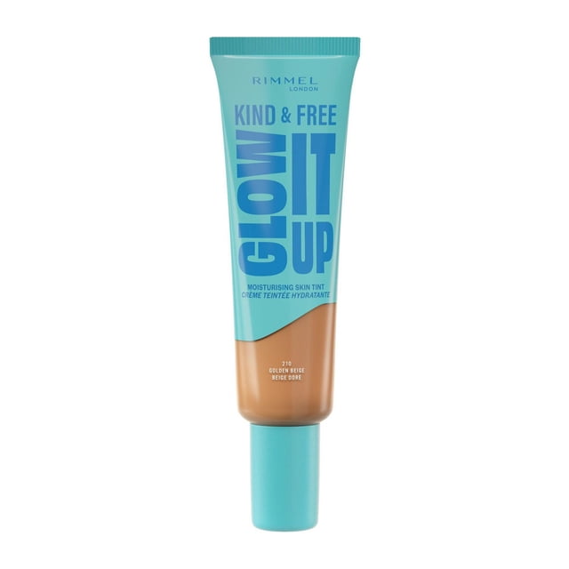 Kind & Free Glow It Up Moisturising Skin Tint tube in shade 210 Golden Beige with turquoise cap and upper body, featuring bold blue text, designed to soothe and calm sensitive skin while providing all-day hydration and a lightweight, dewy tinted moisturizer finish, suitable for normal to dry skin.
