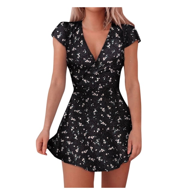 2025 Robe Décontractée à Col en V à Manches Mi-Longues pour Femmes, Robe Mini à Imprimé Floral pour l'Été, Robes à Manches Courtes Décontractées pour Femmes, Robe Trapèze d'Été pour Femmes, Plage pour Femmes