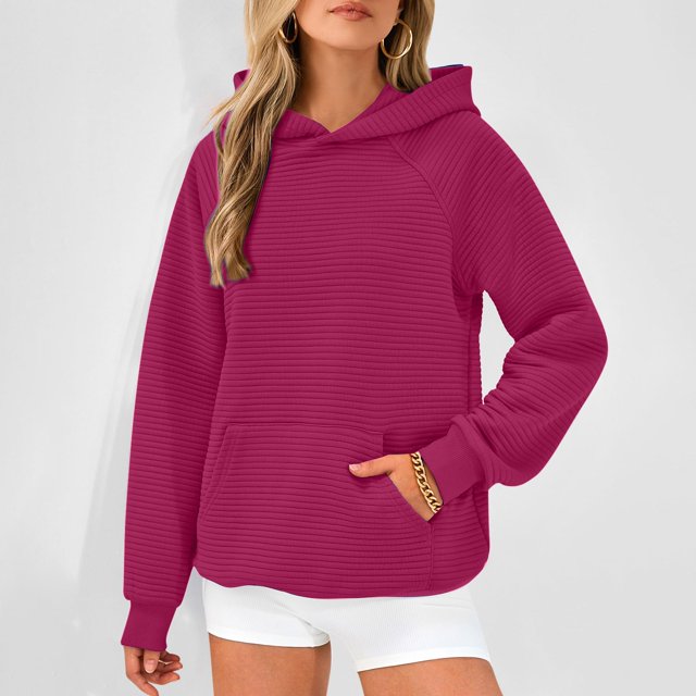 RXIRUCGD Chandail à Capuchon Décontracté pour Femme à Col Rond, Manches Longues, Couleur Unie, Rose Vif, Taille : 2TG