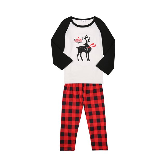 FOCUSNORM Christmas Reindeer Raglan Tops and Plaid Trousers Parent-child Pajamas