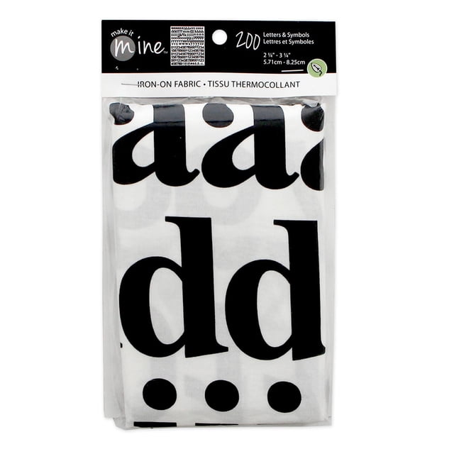 Fabric Creations Make It Mine 2 1/4 Pouces Bande Lettres Tissu Thermocollant Montrant Tissu en Coton Blanc Plié avec Grandes Lettres Minuscules Noires et Ponctuation, Emballé avec un En-Tête Indiquant 200 Lettres et Symboles de Tailles 2 1/4 Pouces à 3 1/4 Pouces de Haut, Convient à l'Artisanat de Tissus et aux Projets de Personnalisation.