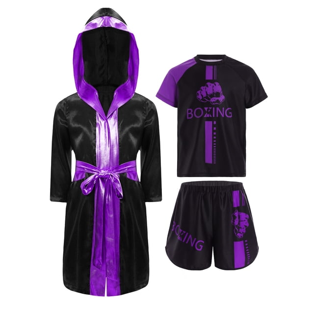 TiaoBug Kids Boys Boxing Uniform Set 3 Pcs Long Sleeve Open Front Hooded Cloak Robe with T-shirt and Shorts Purple 10