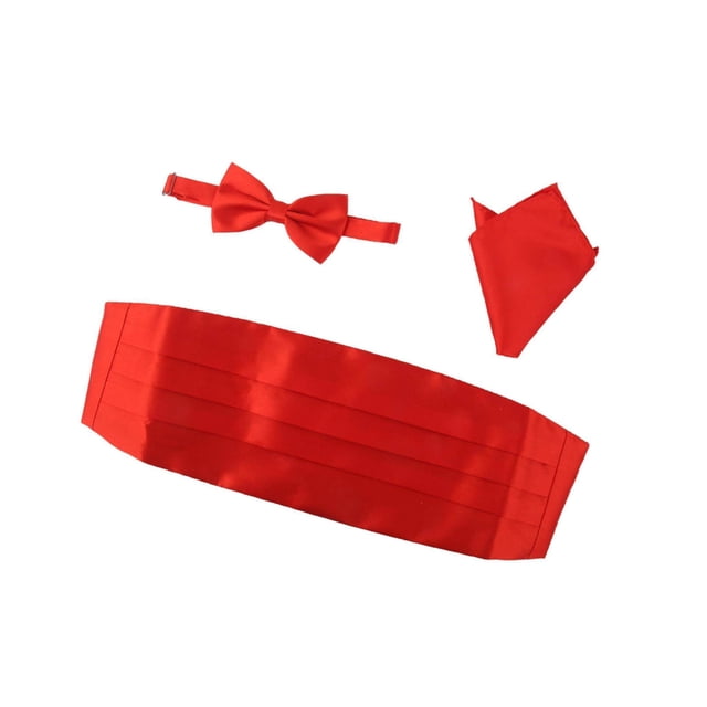 facefd 3pcs Men's Satin Bow Tie Cummerbund Hanky Handkerchief Red