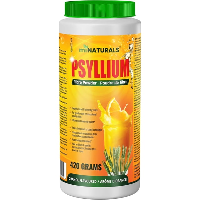 Poudre d'Enveloppe de Psyllium, 420 g, par MINATURALS, dans une Variante Aromatisée à l'orange. le Contenant Présente un Motif Orange Vif avec un Couvercle Vert, Mettant en Valeur Ses Bienfaits pour la Santé digestive, le Soulagement de la constipation et la Gestion du Cholestérol. l'Étiquette Comprend un Texte Bilingue en Anglais et en Français, Soulignant Son Rôle en Tant Que Supplément de Fibres et Prébiotique. le Produit Est Dérivé des Graines de Plantago ovata et Est Riche en