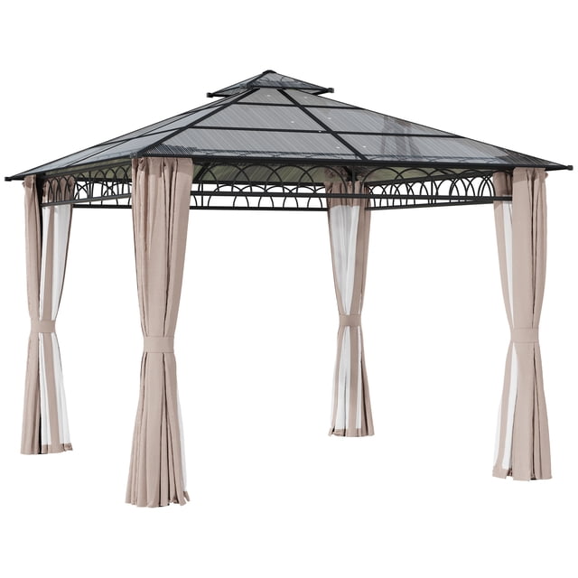 Outsunny Pavillon à Toit Rigide à Double Toit 9 Pieds x 10 Pieds avec Moustiquaires et Rideaux, Kaki - Pavillon Autoportant à Toit Rigide avec Toit Translucide en polycarbonate à Double Évent, Cadre en Métal Gris Foncé, Rideaux en polyester Kaki et Moustiquaire. Dimensions 300 x 300 x 278 cm; Utilisé Souvent comme Aire de Salle à Manger Ou de Détente Couverte pour patio.