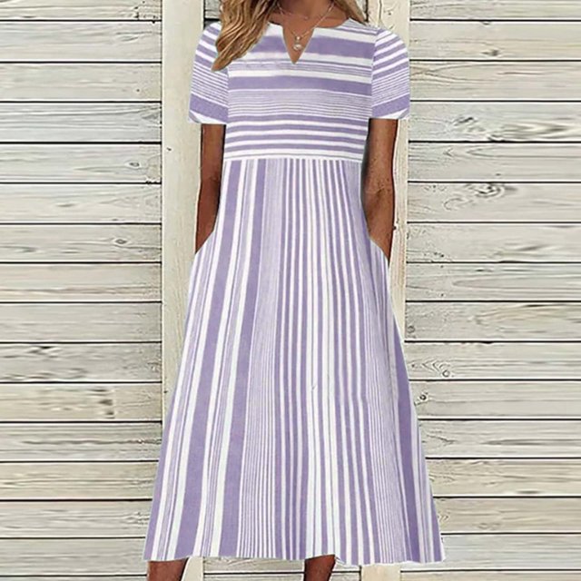 SMihono Robe Maxi Bohème d'Été pour Femmes Grande Taille Mode Décontractée pour Femmes Manches Courtes Col en V Imprimé à Rayures Poche Robe Maxi Robe de Plage Évasée