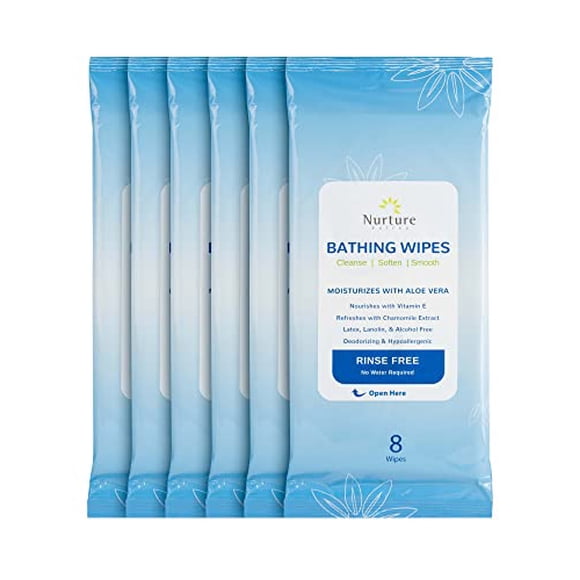 Lingettes de Bain Sans Rinçage (Lot de 6) / 48 Débarbouillettes pour Adultes Micro-Ondables à l'Aloès et à la Vitamine E - Lingettes de Bain Corporelles Nettoyantes Sans Rinçage - Sans Latex, Lanoline Ni Alcool - 6 Paquets de 8 Lingettes