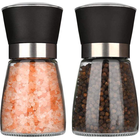 Hotder Pepper Grinder,Salt and Pepper Grinder Set of 2 Glass Bottles PG180,Adjustable Coarseness and Refillable for Home Kitchen,Barbecue,Party and Every Meal(Salt and Pepper not Included),Black