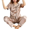 thumbnail image 1 of Ensemble de Pyjama d'Été en Satin pour Femme, Haut à Manches Courtes à Col à Revers + Pantalon à Taille Élastique, 2 Pcs, Tenue d'Intérieur, 1 of 5