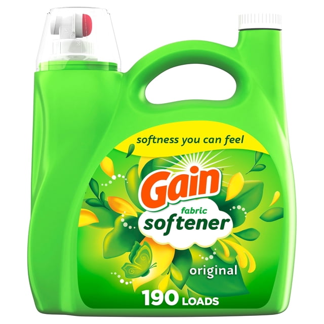 Gain Liquid Fabric Softener, Original Scent, Smooth Touch in a green plastic jug with handle and clear measuring cap, labeled for 190 loads, featuring green and yellow leaf and butterfly design, providing softness and long-lasting freshness for laundry.