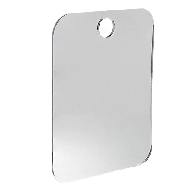 Acrylic Shower Shaving Mirror - Fog-Resistant Travel Bathroom Mirror with Adhesive Hook Compatibility. This rectangular, transparent-front mirror measures approximately 17 x 13 cm and features a white back. Designed for use in bathrooms, travel, or camping, it is lightweight and portable. The mirror includes a hole for compatibility with adhesive hooks or suction cups (not included), ensuring secure wall mounting. Its fog-resistant surface makes it ideal for shaving in steamy environments.