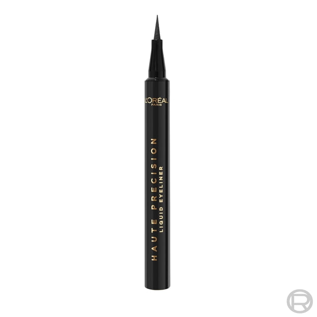 L'Oréal Paris Liners Haute Précision Traceur à Pointe Feutre jusqu'à 24 Heures d'Usure Imperméable, Anti-Transfert. Gros Plan Centré d'Un Stylo Traceur Noir Montrant la Pointe Feutre Rembourrée de 0,01 mm et un tube Noir Mince sur un Fond Neutre. Met l'Accent sur la Précision de la Pointe Feutre, l'Imperméabilité Anti-Bavures et la Couleur intense d'Un Seul Trait; Souvent Utilisé pour un Traceur Détaillé Ou des accents de Visage Artistique Fins.