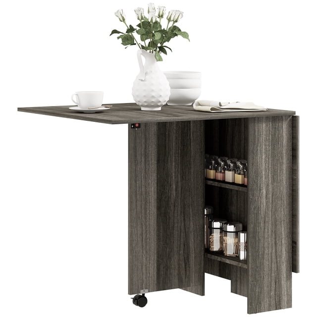 HOMCOM Table à Manger Pliant, Table à Abattants avec Étagères à 2 Niveaux Bois Gris