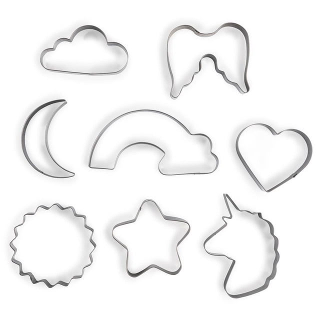 Thyme & Table Cookie Cutters set with eight stainless steel shapes including cloud, tooth, crescent moon, rainbow, heart, sunburst, star, and unicorn head, ideal for cutting dough, fondant, and other baked goods.