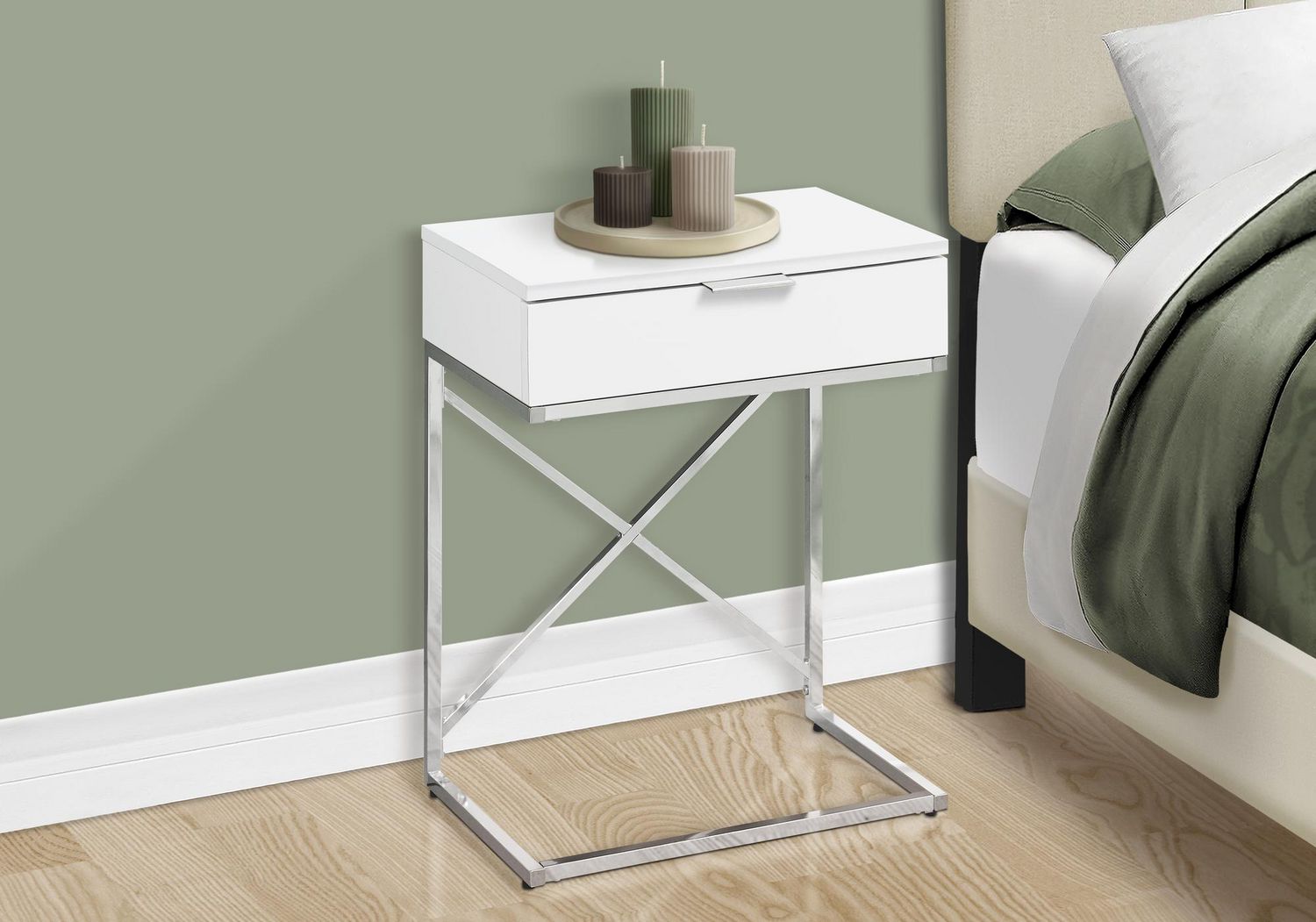 Monarch Specialties  Table D'appoint, Coté, Bout, Table De Nuit, Lampe, Tiroir De Rangement, Salon, Chambre À Coucher, Stratifié Blanc Brillant, Métal Chromé, Contemporain, Moderne