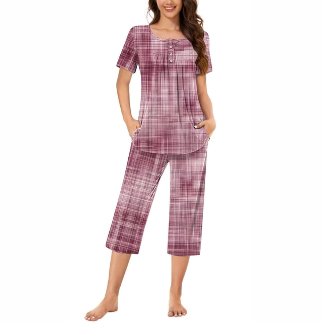 Rbaofujie Ensemble de Pyjama Short pour Femme, Col Rond, Imprimé, T-Shirt de Nuit à Manches Courtes et Ensemble Pantalon, Tenue d'Intérieur, Pyjamas avec Poches, Ensemble de Pyjama