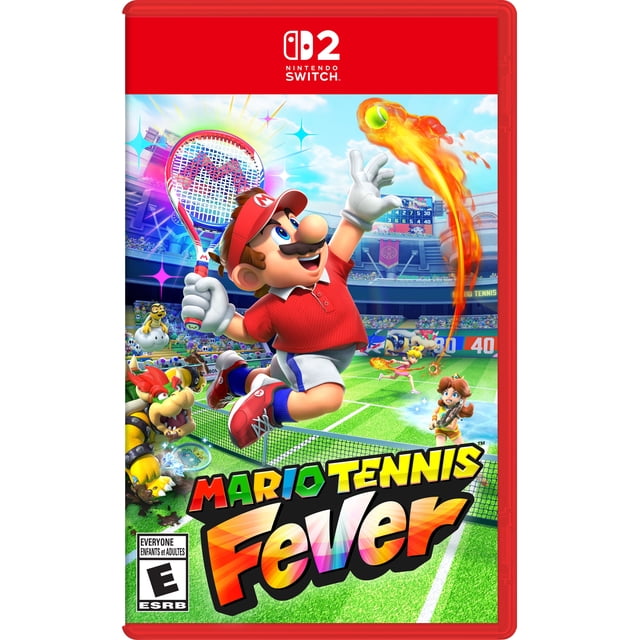 Mario Tennis™ Fever Nintendo Switch 2 game cover featuring Mario in red tennis attire leaping to hit a fiery tennis ball with a red M-logo racket on a green court, with Bowser and other characters playing in a vibrant stadium setting.