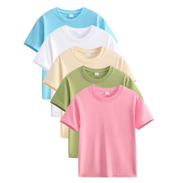 Lot de 5 T-Shirts d'Été pour Garçons et Filles, Enfants, Décontractés, Couleur Unie, Col Ras du Cou, Manches Courtes, Coton, Hauts Basiques, Tees
