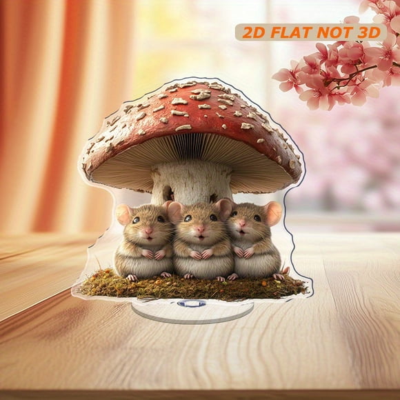 Ornement Acrylique Rotatif Mettant en Vedette Trois Souris sous un Champignon, avec Deux Se Détendant sur un mo'gu, aux Couleurs Vibrantes et à la Clarté Ultra Élevée