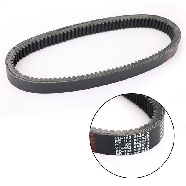 Drive Belt 943OC x 33W for Can-Am Outlander 330, 400, 450, and Defender 450 models from 2004 to 2019. Made of durable aramid fiber, it enhances CVT system performance with rounded inner cog construction for flexibility and trapezoidal top-notch design for heat dissipation. Ideal for transmission and clutch systems. Close-up view shows labeled markings and dimensions.