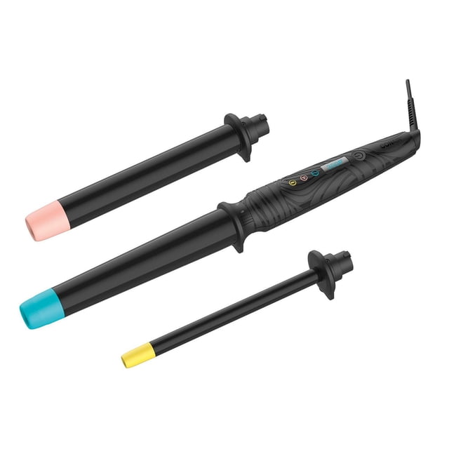 Conair The Curl Collective 3 in 1 Ceramic Curling Wand with three interchangeable black ceramic barrels sized for wavy, curly, and coily hair, featuring colored tips in pink, blue, and yellow, digital heat display, and ergonomic handle with control buttons for up to 410°F heat settings.