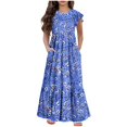 thumbnail image 1 of Yanlir Robe Décontractée d'Été pour Filles, Manches Courtes, Col Rond, Imprimé Mode, Robe Trapèze avec Poches pour Confort Quotidien 6-13 Ans (Bleu#3, 10-11 Ans), 1 of 7