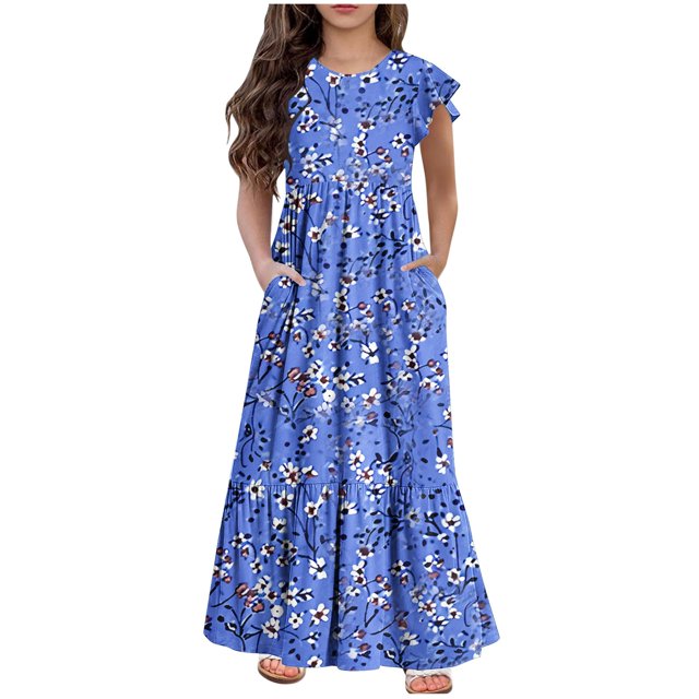 Yanlir Robe Décontractée d'Été pour Filles, Manches Courtes, Col Rond, Imprimé Mode, Robe Trapèze avec Poches pour Confort Quotidien 6-13 Ans (Bleu#3, 10-11 Ans)