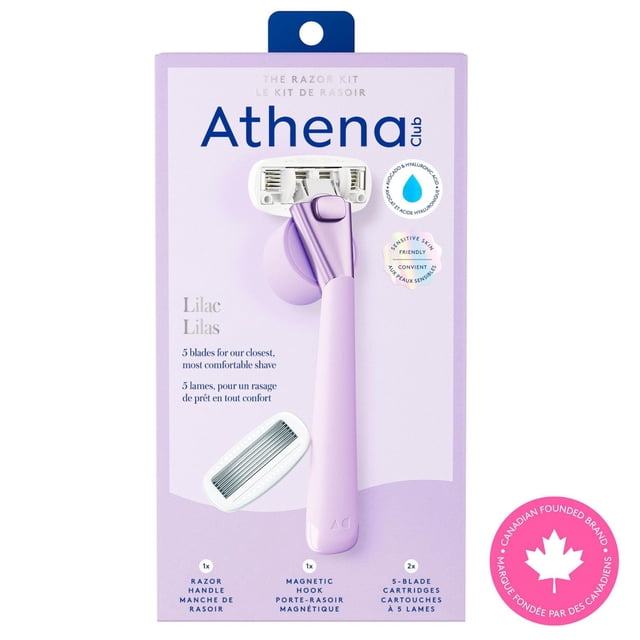 Athena Club 5-Blade Razor Kit in lilac with ergonomic anodized aluminum handle coated in non-slip silicone, magnetic shower hook, and two moisturizing serum-infused blade cartridges, shown on bilingual English and French packaging for sensitive skin and close shave.
