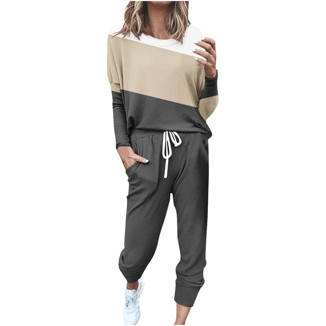 Kcodviy Femmes Manches Longues Couleur Coupe Ajustée Ensembles pour Femmes Bloc Patchwork Col Ras du Cou T Plus Combinaisons pour Femmes Chemise Haut Blouse et Tailleurs Pantalons Grande Taille pour Femmes Pantalons Longs Leggings Tenue Décontractée Ensemble