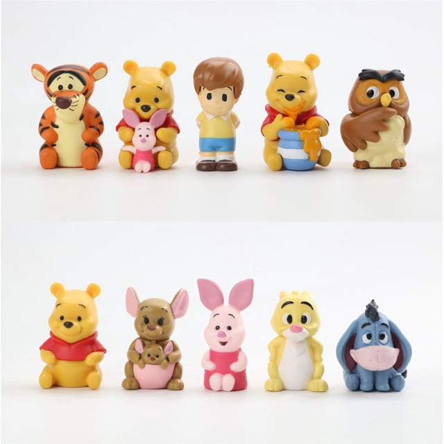 10PCS/SET Rabbit Owl Toys Anime The Pooh Action Figures Models Dolls Figurine Gifts. A set of 10 multicolour figurines featuring characters from The Pooh series, including Tigger, Pooh, Piglet, Eeyore, Rabbit, Owl, and others. Each figure is designed with vibrant colours and detailed expressions, ideal for display or imaginative play.
